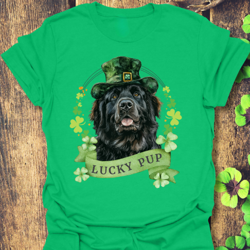 St. Patrick’s Day newfoundland dog irish green t-shirt with a lucky shamrock print, great for dog lovers
