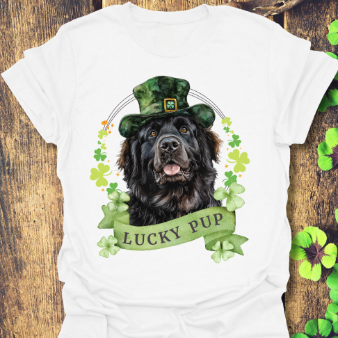 St. Patrick’s Day newfoundland dog white t-shirt with a lucky shamrock print, great for dog lovers