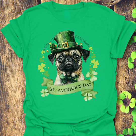 St. Patrick’s Day t-shirt featuring a pug dog with a shamrock garland and festive Irish design