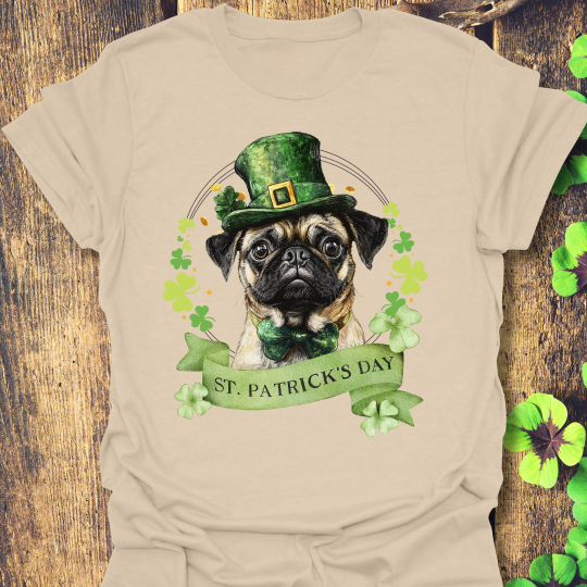 St. Patrick’s Day t-shirt featuring a pug dog with a shamrock garland and festive Irish design