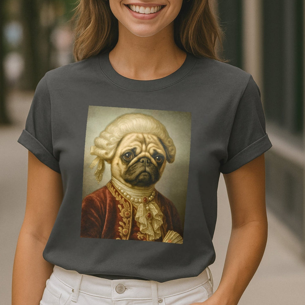 Woman wearing a t-shirt with a dog dressed in classical clothing graphic