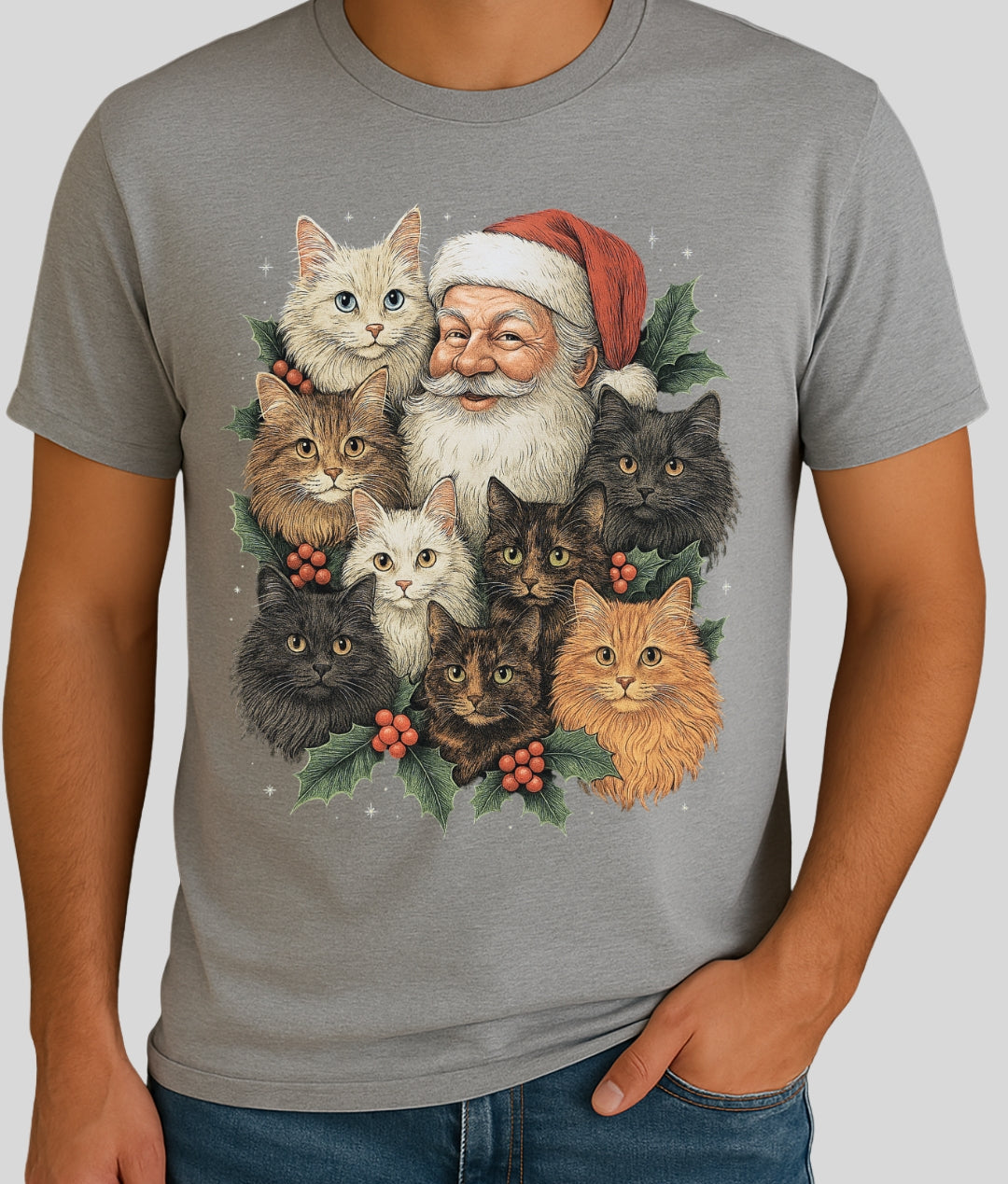 Gray t-shirt with a design of Santa Claus surrounded by cats on a plain background