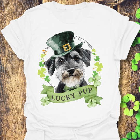 St. Patrick’s Day t-shirt featuring a Schnauzer dog with a shamrock garland and festive Irish design