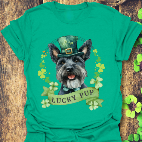 St. Patrick’s Day scottish terrier dog kelly green t-shirt with a lucky shamrock print, great for dog lovers