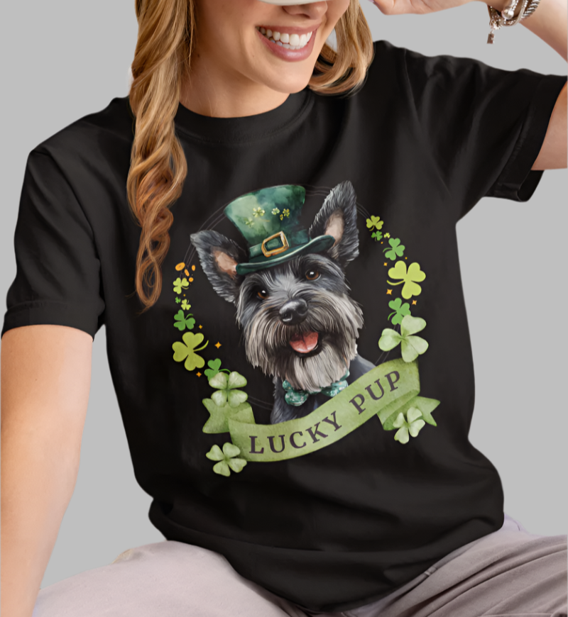 A girl wearing St. Patrick’s Day scottish terrier dog t-shirt with a lucky shamrock print, great for dog lovers