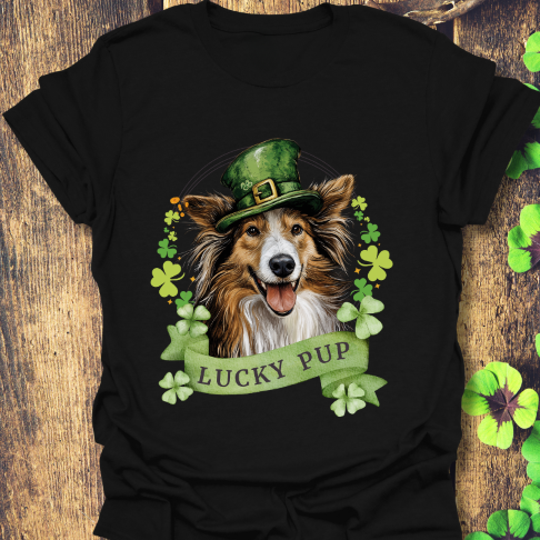 St. Patrick’s Day t-shirt featuring a Shetland sheepdog dog with a shamrock garland and festive Irish design