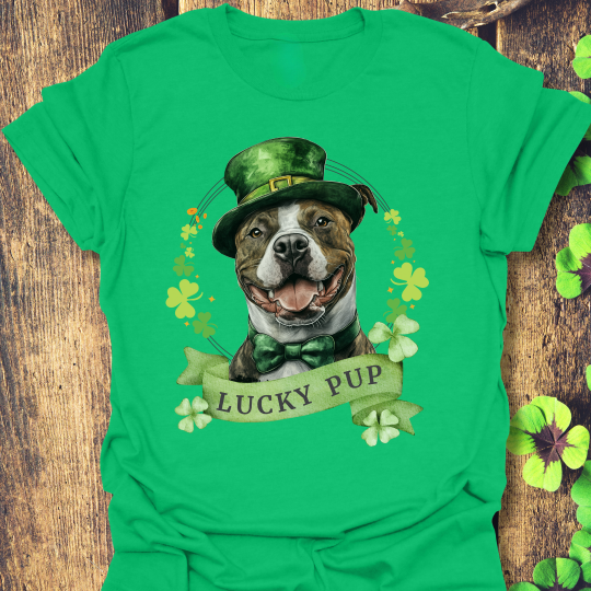 St. Patrick’s Day t-shirt featuring a stafforshire bull terrier with a shamrock garland and festive Irish design