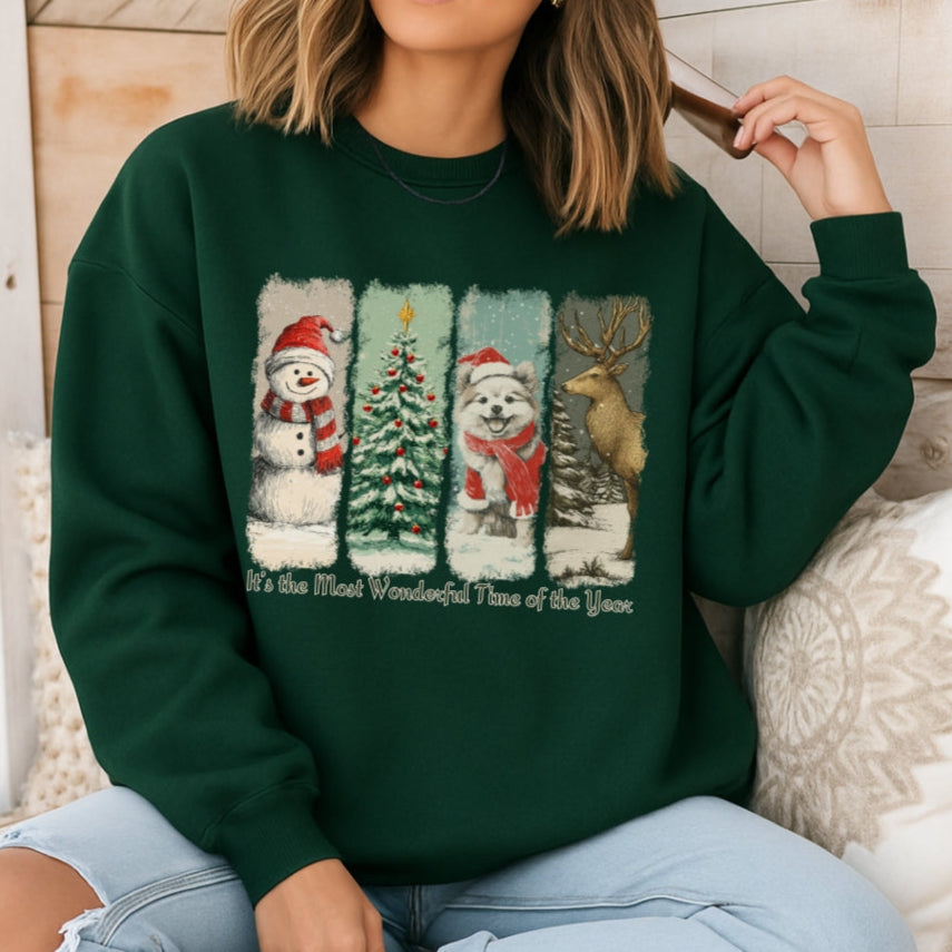 Person wearing a green sweatshirt with Christmas-themed graphics and text.