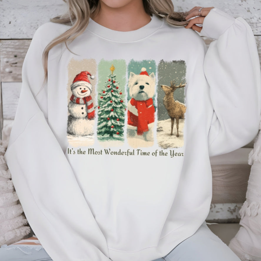 Person wearing a white sweatshirt with Christmas-themed graphics and text.