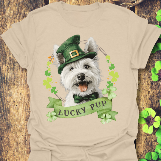 St. Patrick’s Day t-shirt featuring west highland white terrier dog with a shamrock garland and festive Irish design