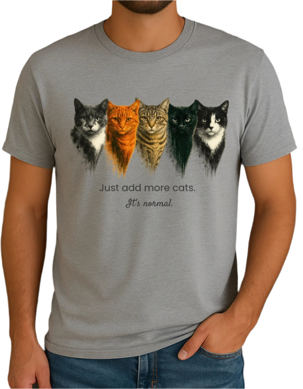 Gray t-shirt with cat illustrations and text worn by a person