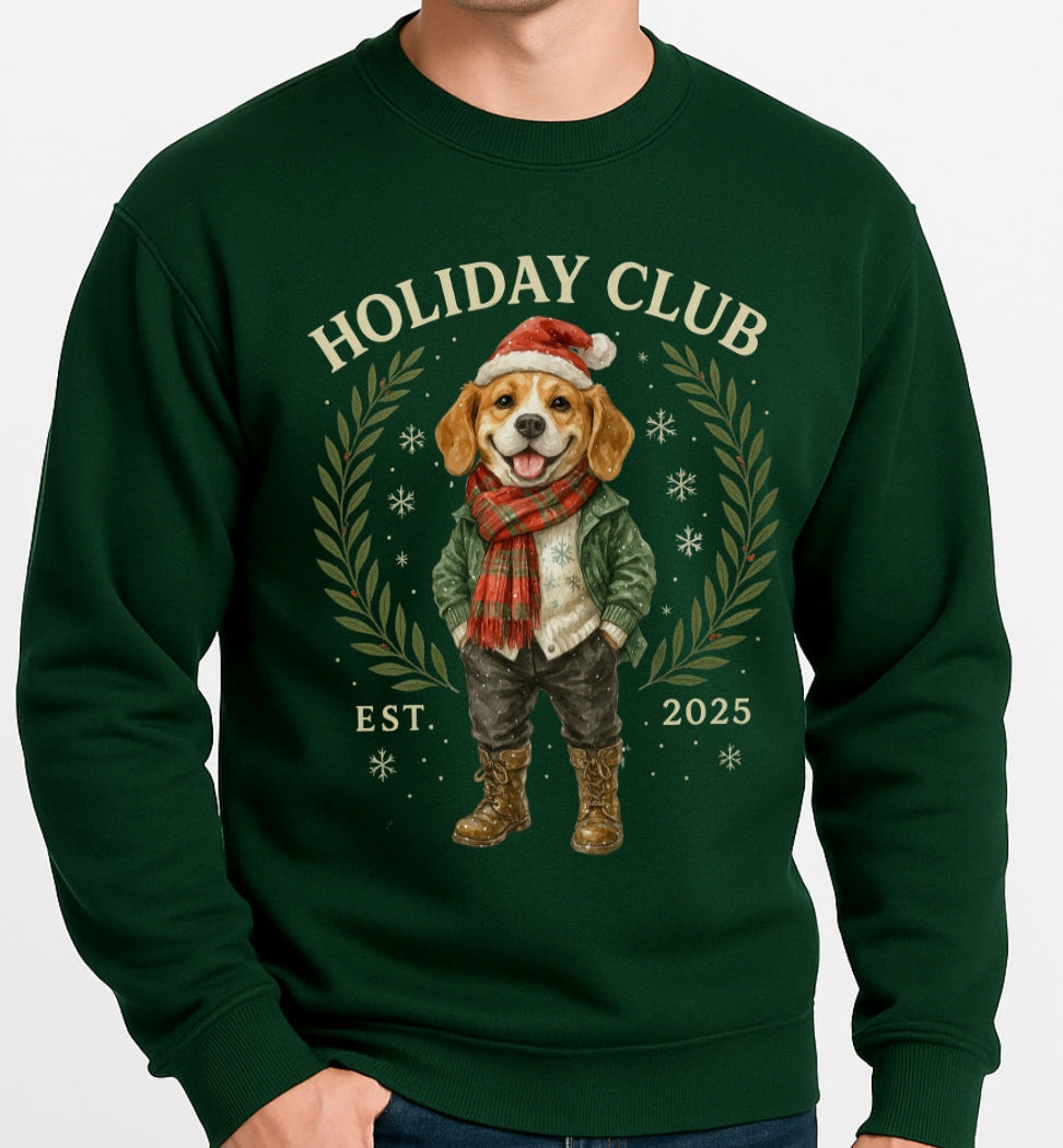 Green sweatshirt with a dog illustration and 'Holiday Club' text on a white background