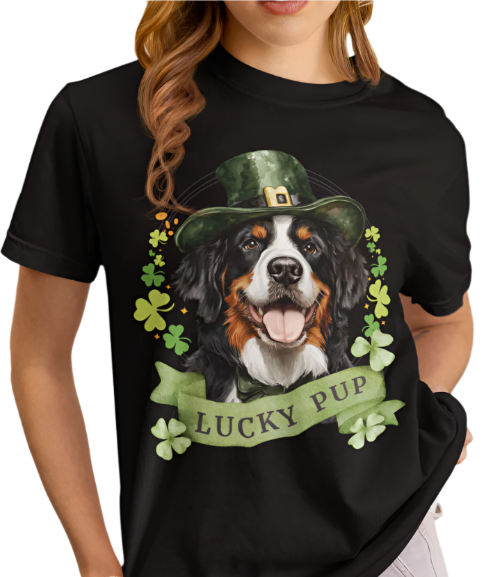St. Patrick’s Day t-shirt featuring a bernese mountain dog with a shamrock garland and festive Irish design