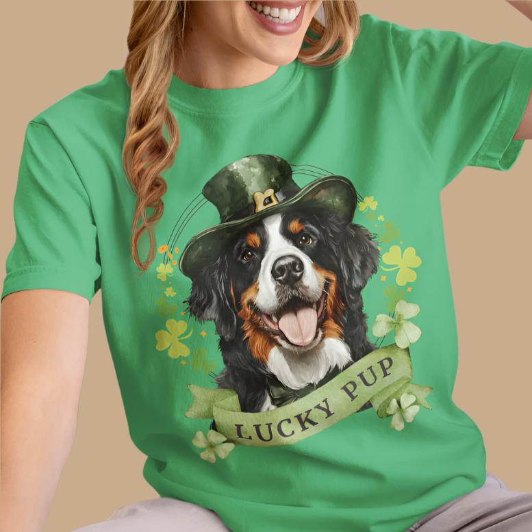 St. Patrick’s Day t-shirt featuring a bernese mountain dog with a shamrock garland and festive Irish design