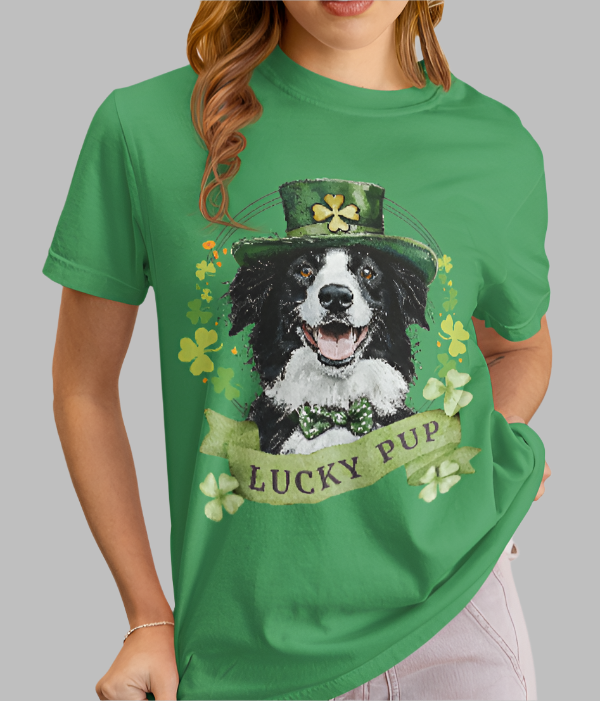 St. Patrick’s Day t-shirt featuring a Border Collie dog with a shamrock garland and festive Irish design