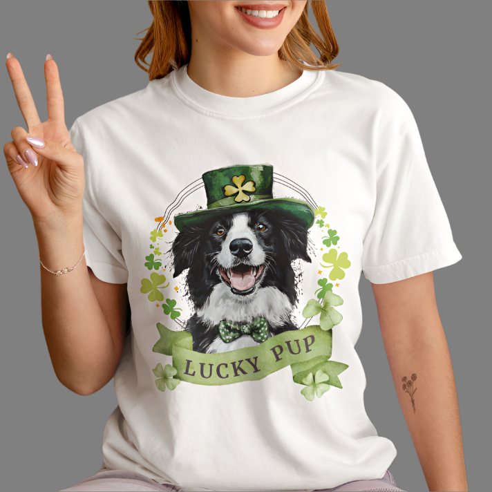 St. Patrick’s Day t-shirt featuring a Border Collie dog with a shamrock garland and festive Irish design