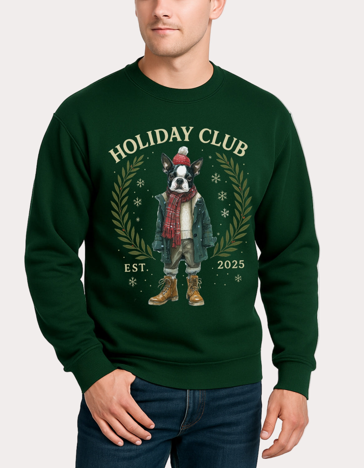 Green sweatshirt with a dog graphic and 'Holiday Club' text worn by a person on a white background