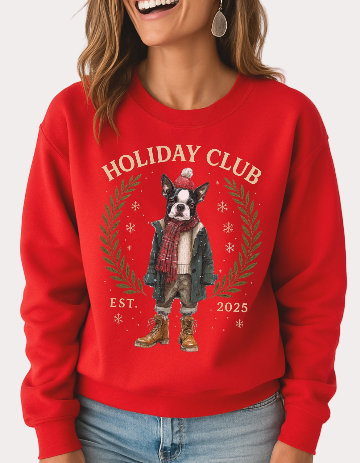 Person wearing a red sweatshirt with a dog graphic and 'Holiday Club' text on a white background