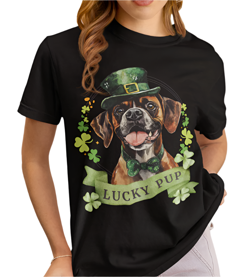 St. Patrick’s Day t-shirt featuring a boxer dog with a shamrock garland and festive Irish design