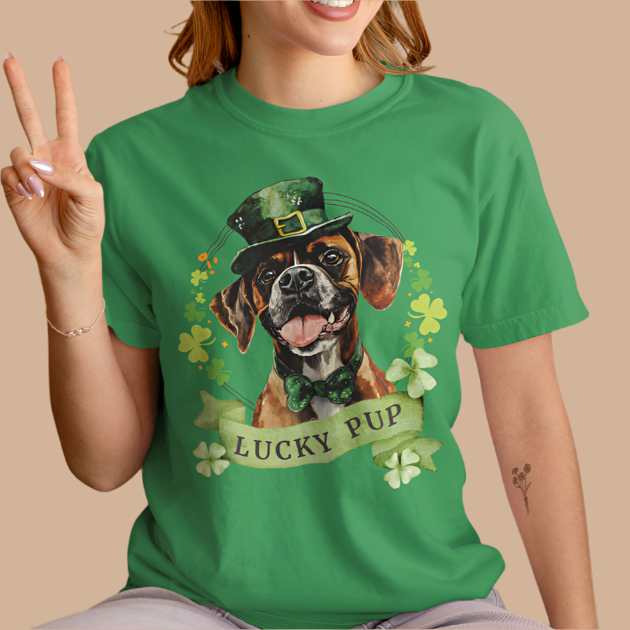 St. Patrick’s Day t-shirt featuring a Boxer dog with a shamrock garland and festive Irish design