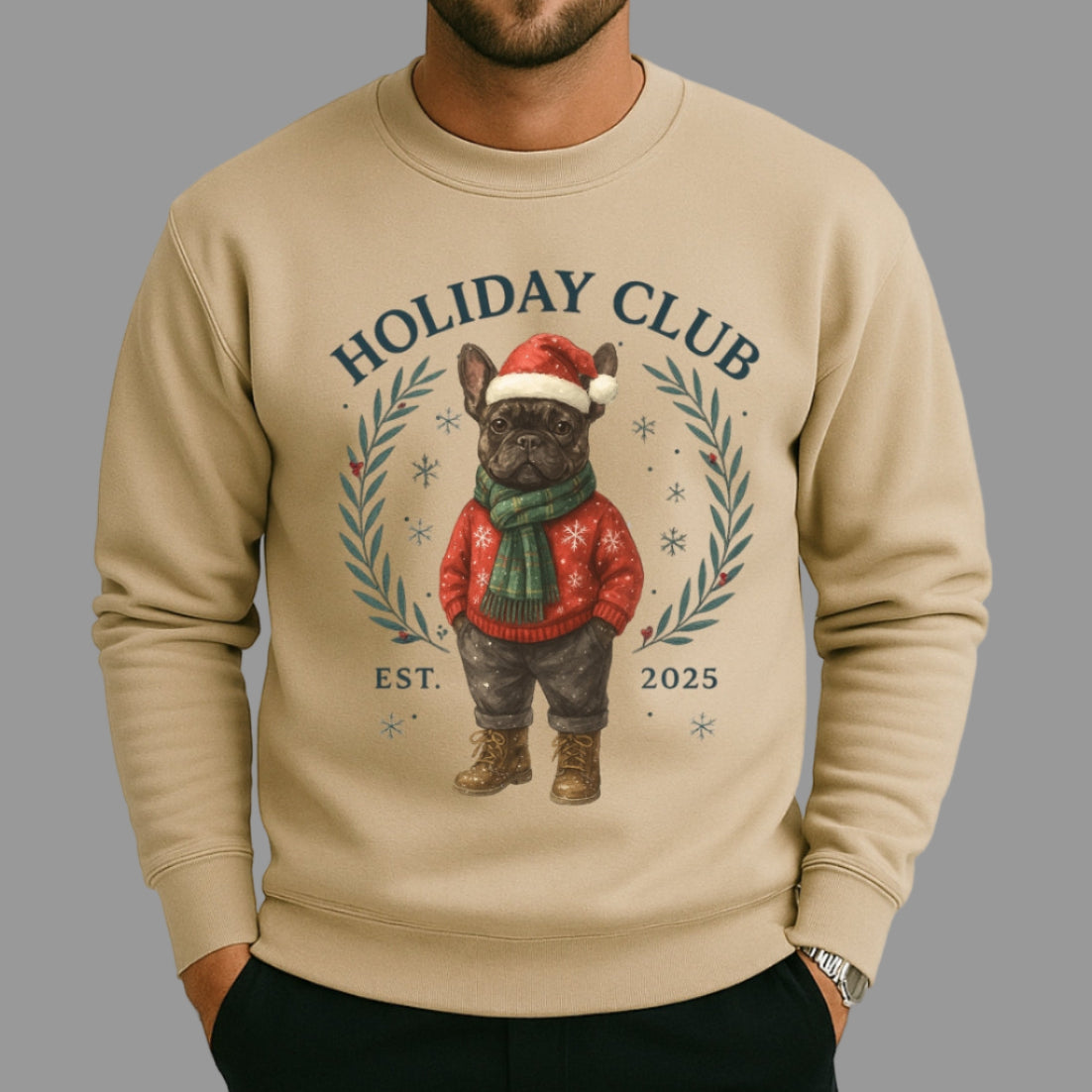 Brindle Frenchie Holiday Club Christmas Sweater