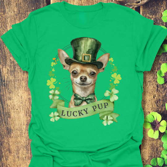 St. Patrick’s Day t-shirt featuring a Chihuahua dog with a shamrock garland and festive Irish design