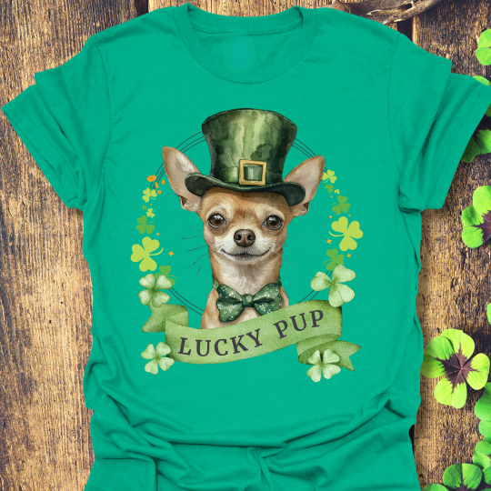 St. Patrick’s Day t-shirt featuring a Chihuahua dog with a shamrock garland and festive Irish design