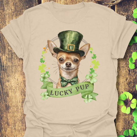 St. Patrick’s Day t-shirt featuring a Chihuahua dog with a shamrock garland and festive Irish design