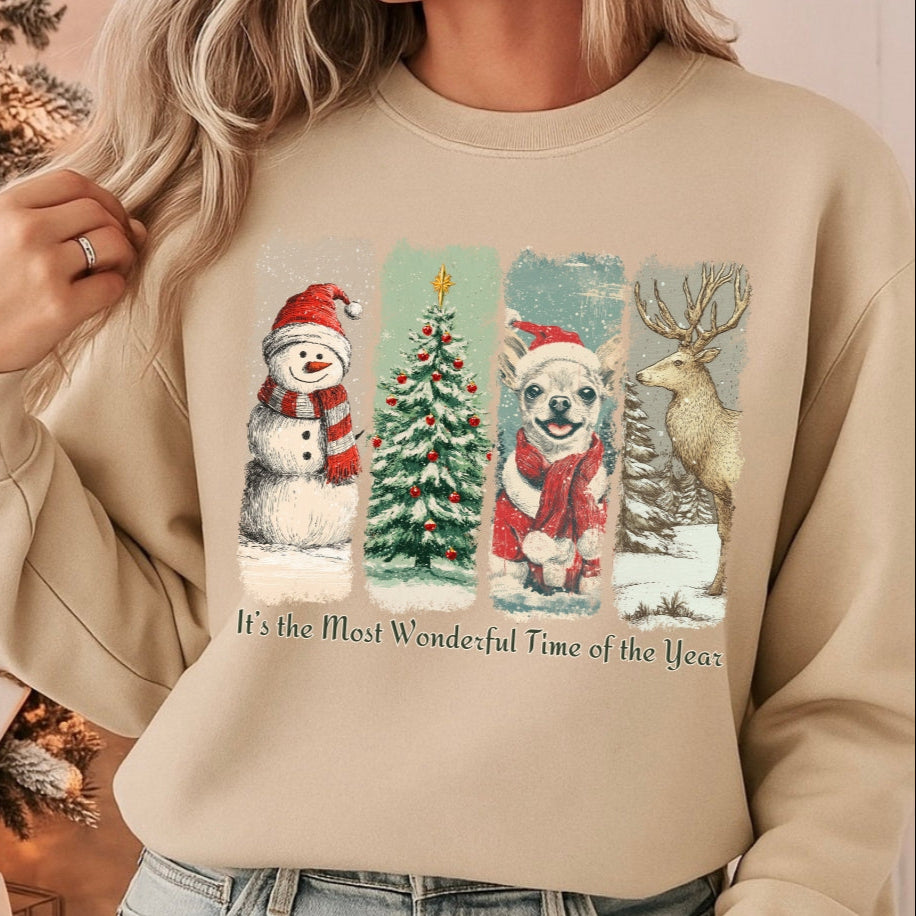 Person wearing a beige sweatshirt with Christmas-themed graphics in front of a decorated Christmas tree and presents.
