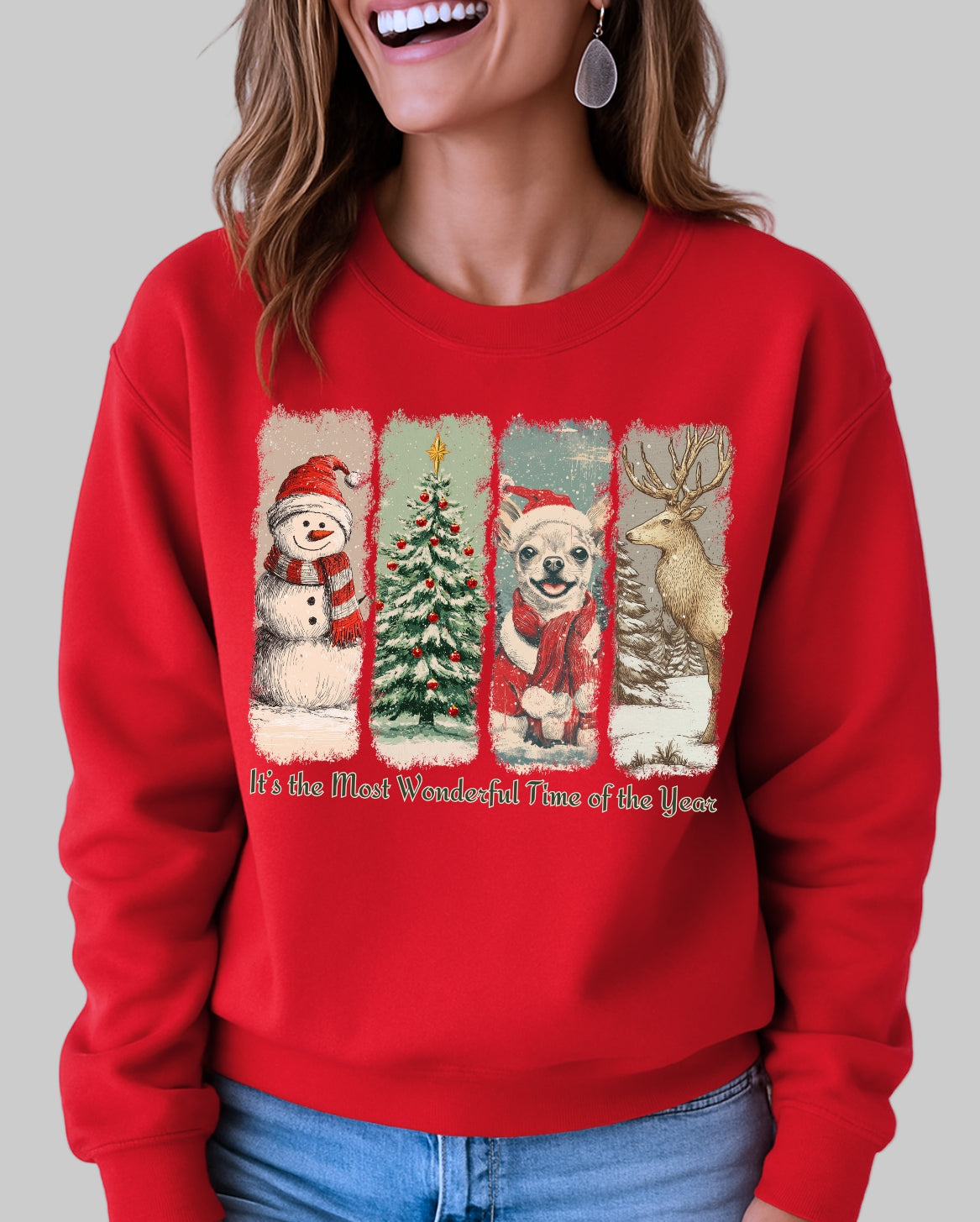 Person wearing a red Christmas-themed sweatshirt with festive graphics on a light blue background