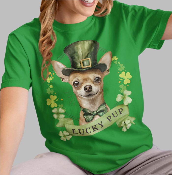 A woman in a St. Patrick’s Day t-shirt featuring a Chihuahua dog with a shamrock garland and festive Irish design