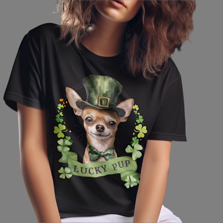 A girl in a St. Patrick’s Day t-shirt featuring a Chihuahua dog with a shamrock garland and festive Irish design