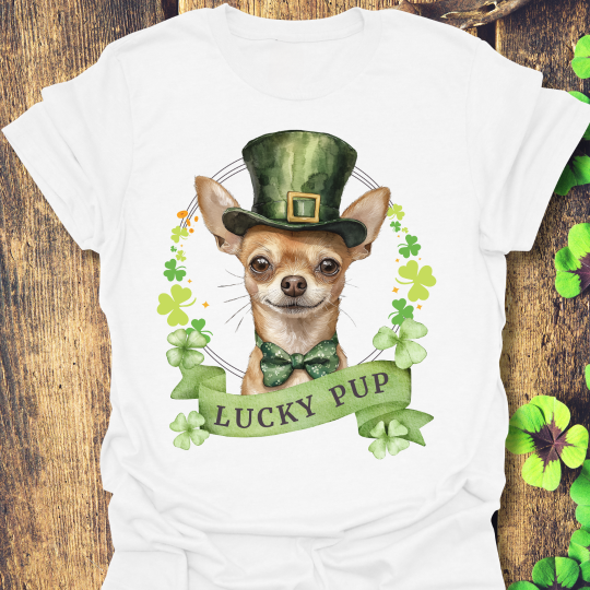 St. Patrick’s Day t-shirt featuring a Chihuahua dog with a shamrock garland and festive Irish design