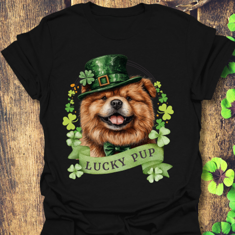 St. Patrick’s Day black t-shirt gift for dog lovers featuring a Chow Chow dog with a shamrock garland and festive Irish design