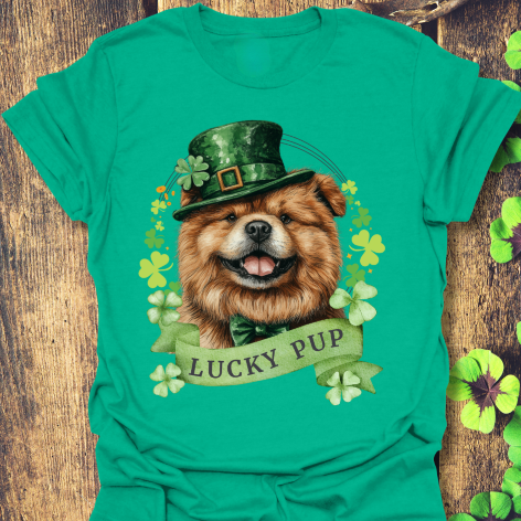St. Patrick’s Day kelly green t-shirt gift for dog lovers featuring a Chow Chow dog with a shamrock garland and festive Irish design