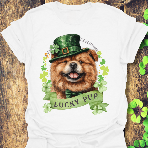 St. Patrick’s Day white t-shirt gift for dog lovers featuring a Chow Chow dog with a shamrock garland and festive Irish design