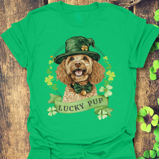 St. Patrick’s Day t-shirt featuring a Cockapoo dog with a shamrock garland and festive Irish design