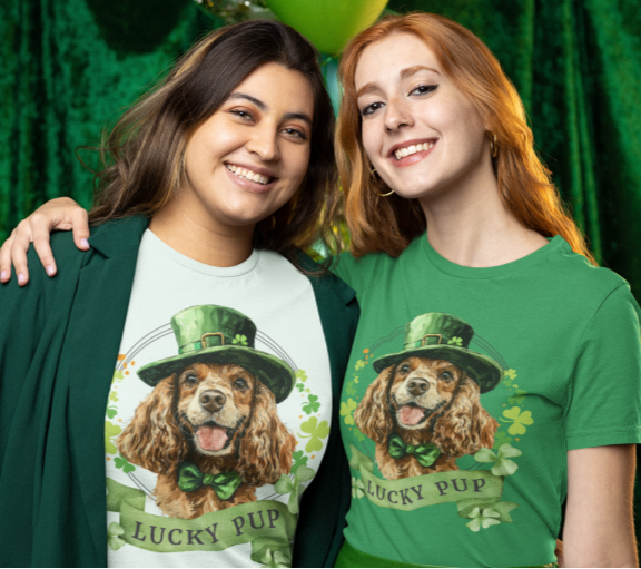 St. Patrick’s Day t-shirt featuring lucky pup American cocker spaniel dog with a shamrock garland and festive Irish design