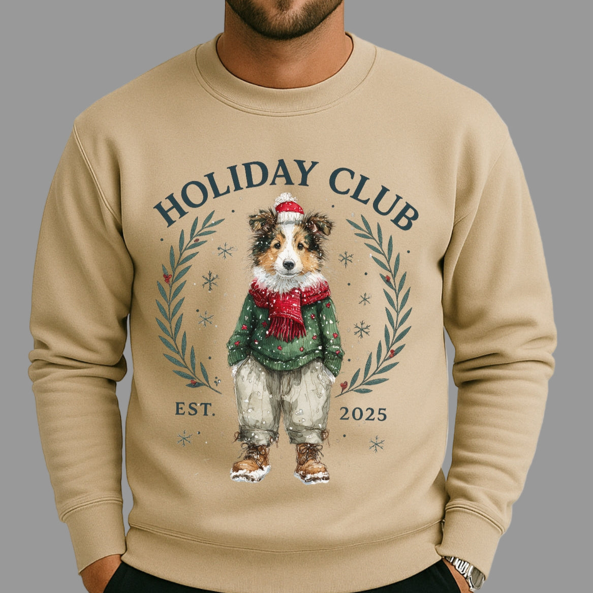 Beige sweatshirt with a dog illustration and 'Holiday Club' text on a plain background