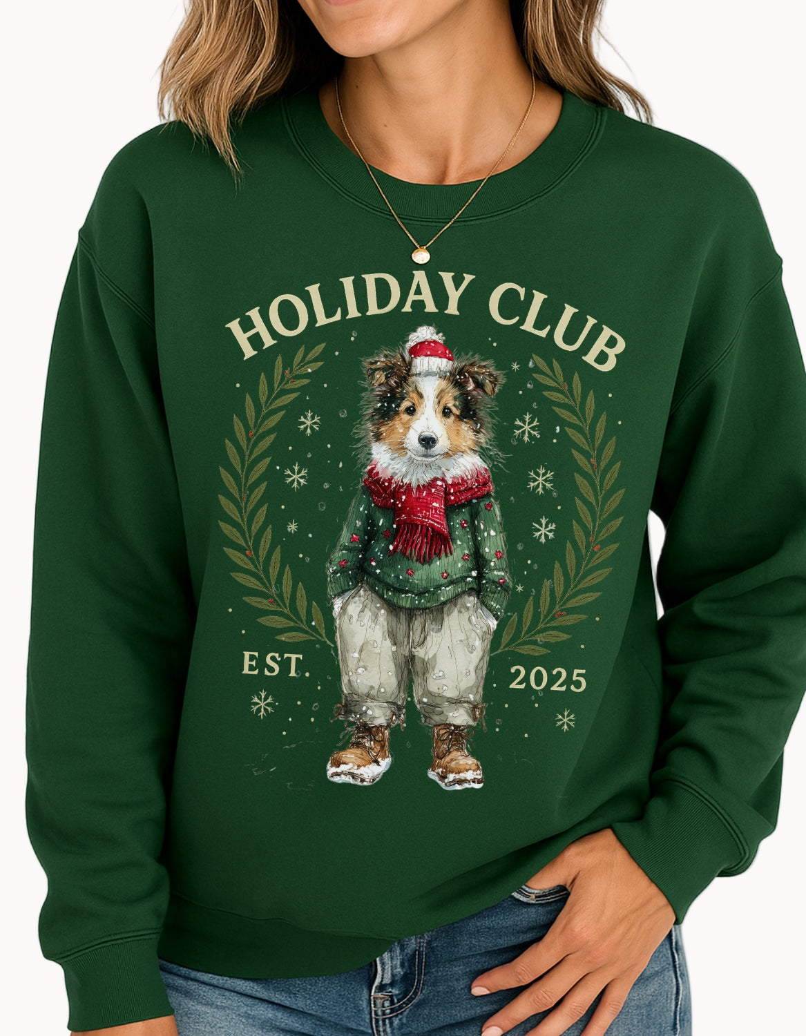 Green sweatshirt with a dog illustration and 'Holiday Club' text, worn by a person.
