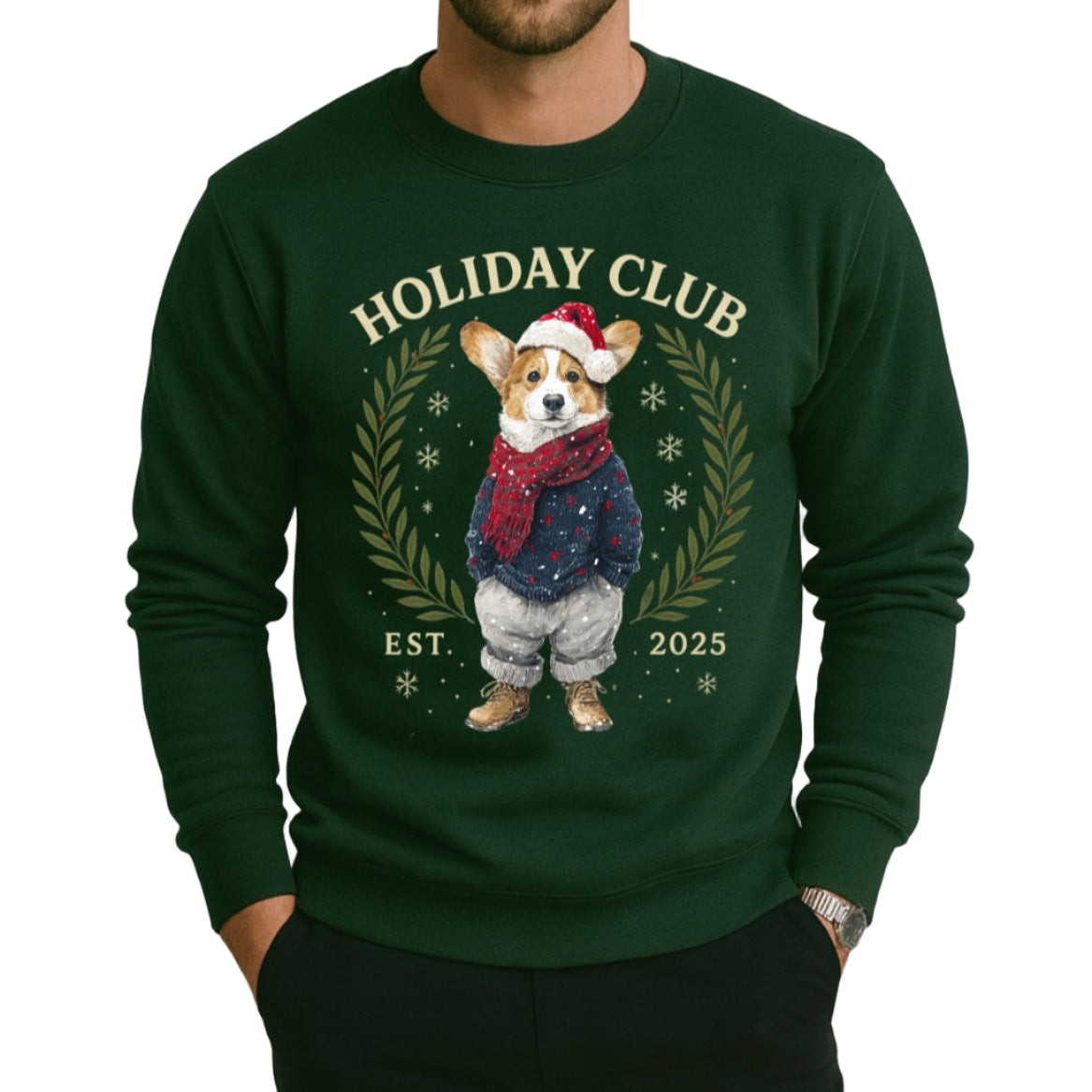Man wearing a green sweatshirt with a dog graphic and 'Holiday Club' text on a plain background