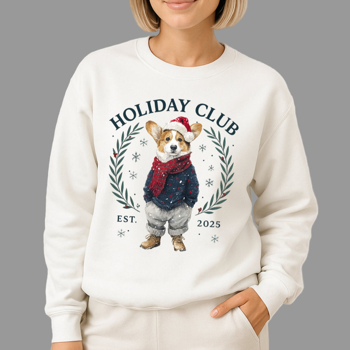 Woman wearing a white sweatshirt with a dog illustration and 'Holiday Club' text on a plain background