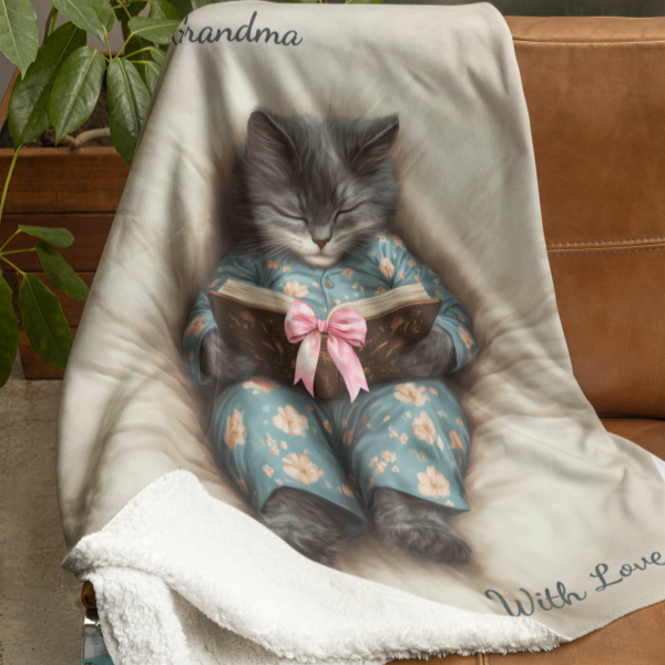 Comfort Zone - Cozy Cat Reading Blanket – Custom Sherpa Throw, Beige - Horizontal