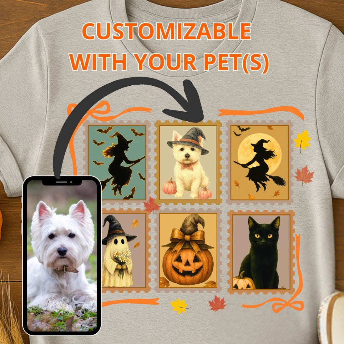 Halloween-themed shirt with customizable pet features on a wooden surface