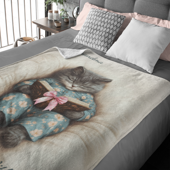 Comfort Zone - Personalized Grey Cat Reading Blanket, Vertical Design – Custom Sherpa Throw, Beige