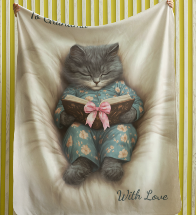 Comfort Zone - Personalized Grey Cat Reading Blanket, Vertical Design – Custom Sherpa Throw, Beige