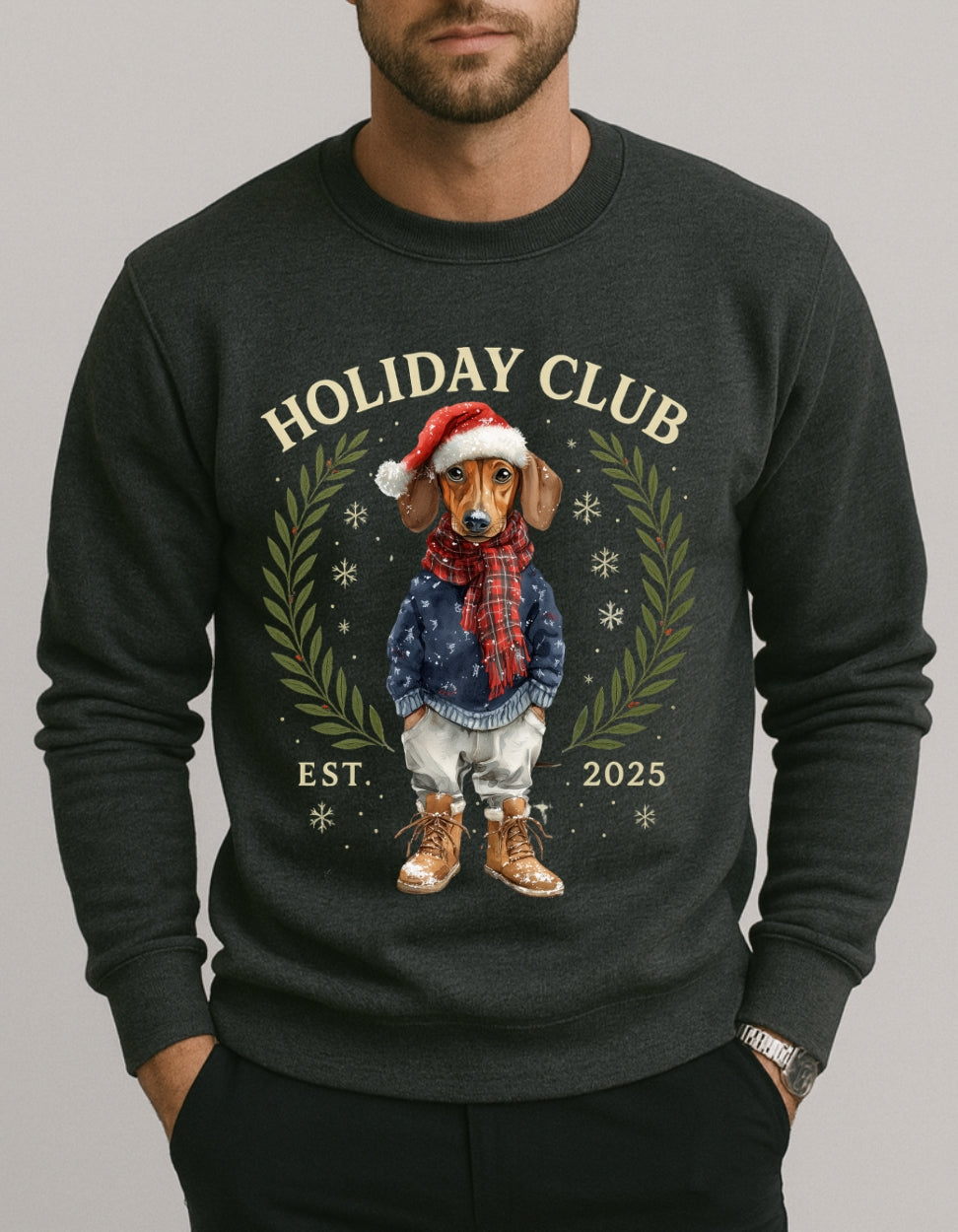 Dark gray sweatshirt with a Christmas-themed design of a dog wearing a Santa hat and scarf, labeled 'Holiday Club'.