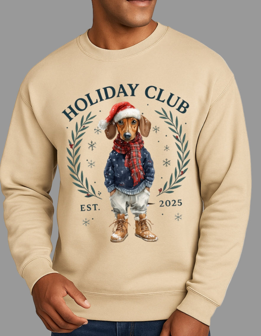 Beige sweatshirt with a dog graphic and 'Holiday Club' text on a white background