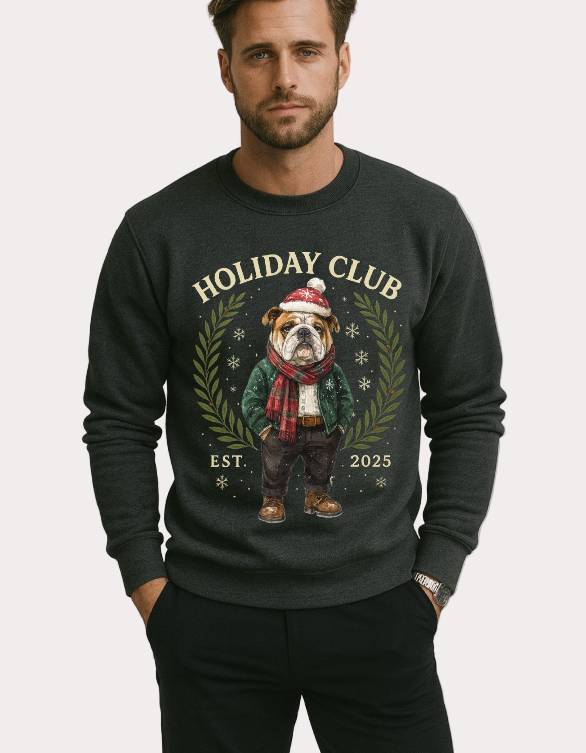 Man wearing a black sweatshirt with a holiday-themed design featuring a bulldog and text.