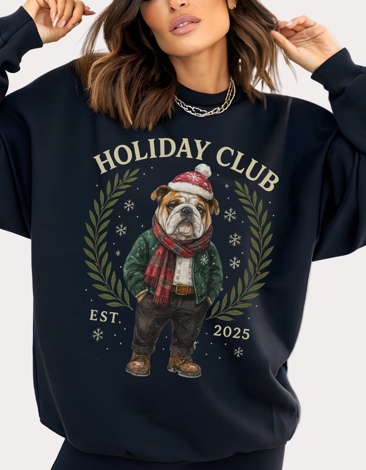 black sweatshirt with 'Holiday Club' design featuring a bulldog wearing a Santa hat and plaid scarf.
